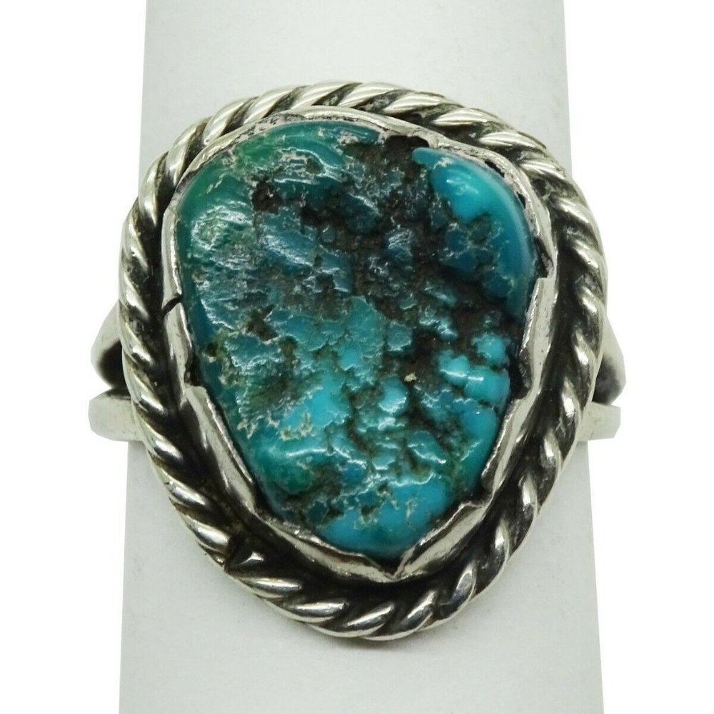 Southwestern Turquoise Nugget Split Shank Ring Sterling Silver Size 6.75
